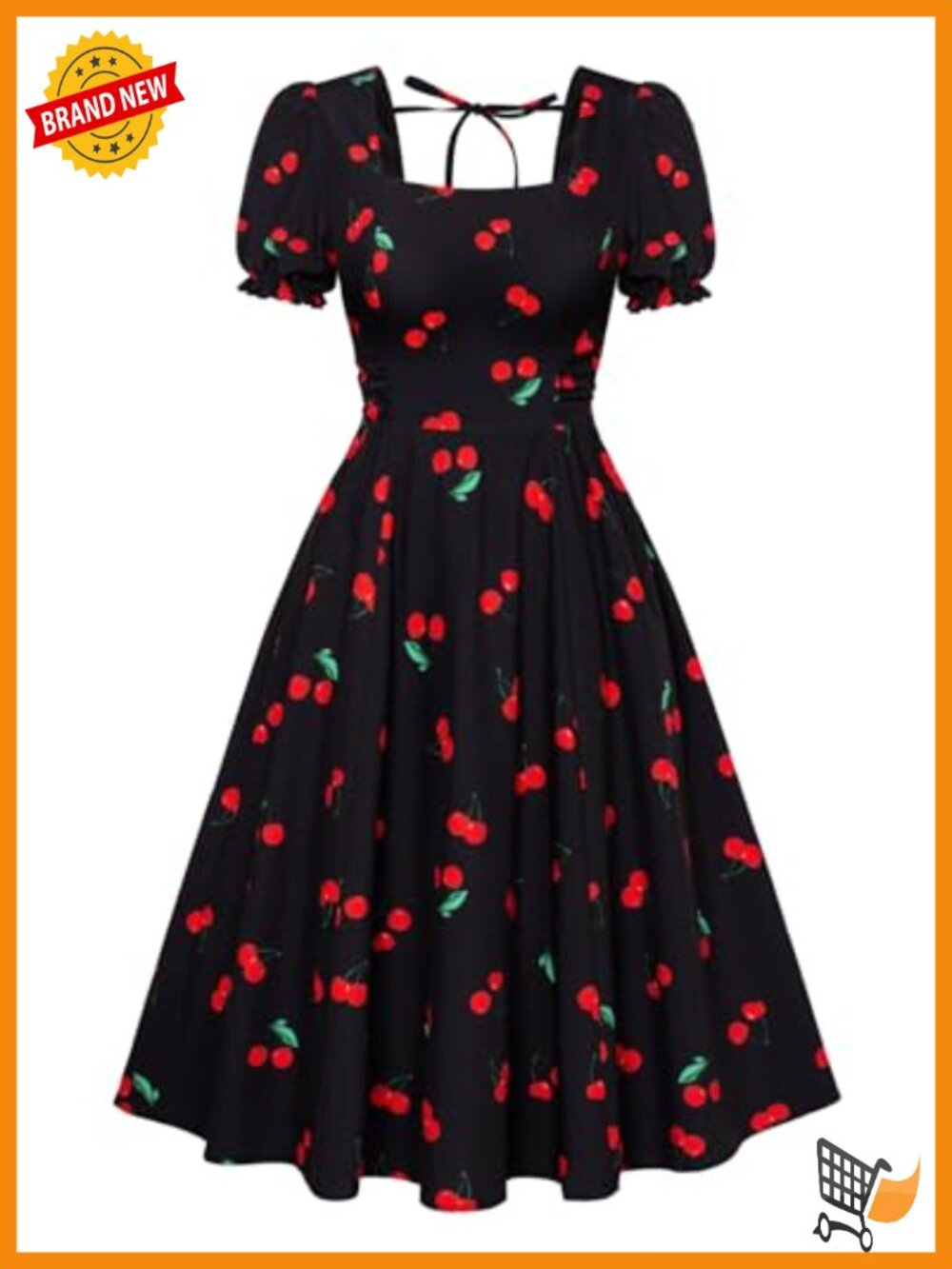 Square Neck Puff Sleeve Vintage Midi Dress - 1950s Cottagecore Casual Cocktail